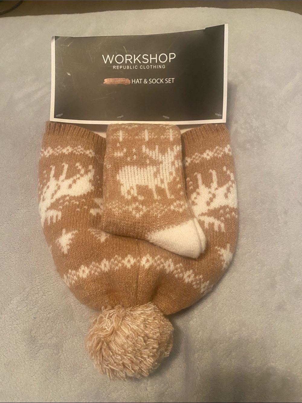 Workshop Republic Clothing Tan & Cream Reindeer Knit Hat and Sock Set
